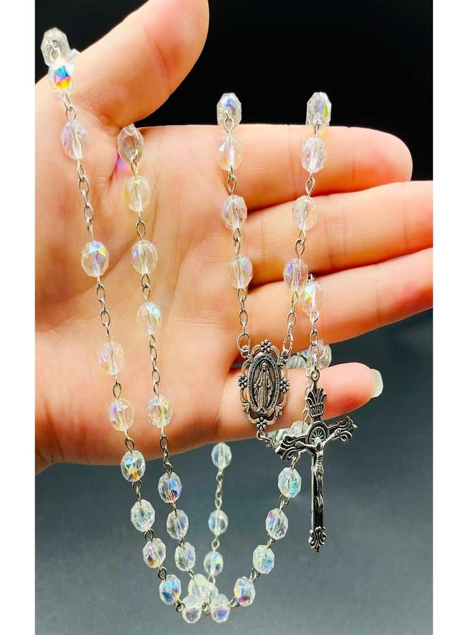 CACALOSS Catholic Rosary Necklace, Jesus Cross, Rainbow Sparkle Crystal Rosary Necklace for Baptism Prayer - Image 2